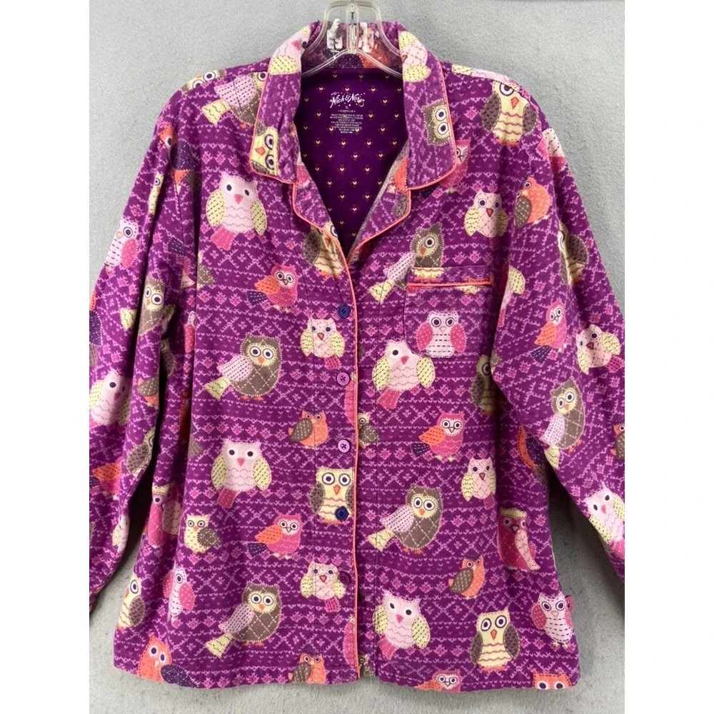 Nick &‎ Nora Pajama Top Womens Sz XL Sleepwear Purple Owl Flannel Button Up